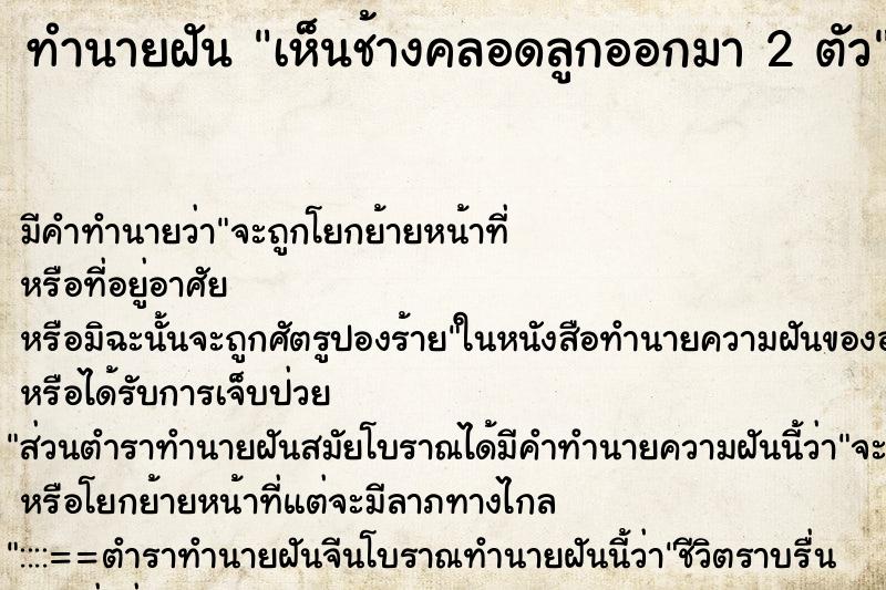 ทำนายฝัน เห็นช้างคลอดลูกออกมา 2 ตัว ทำนายฝัน เห็นช้างคลอดลูกออกมา 2 ตัว